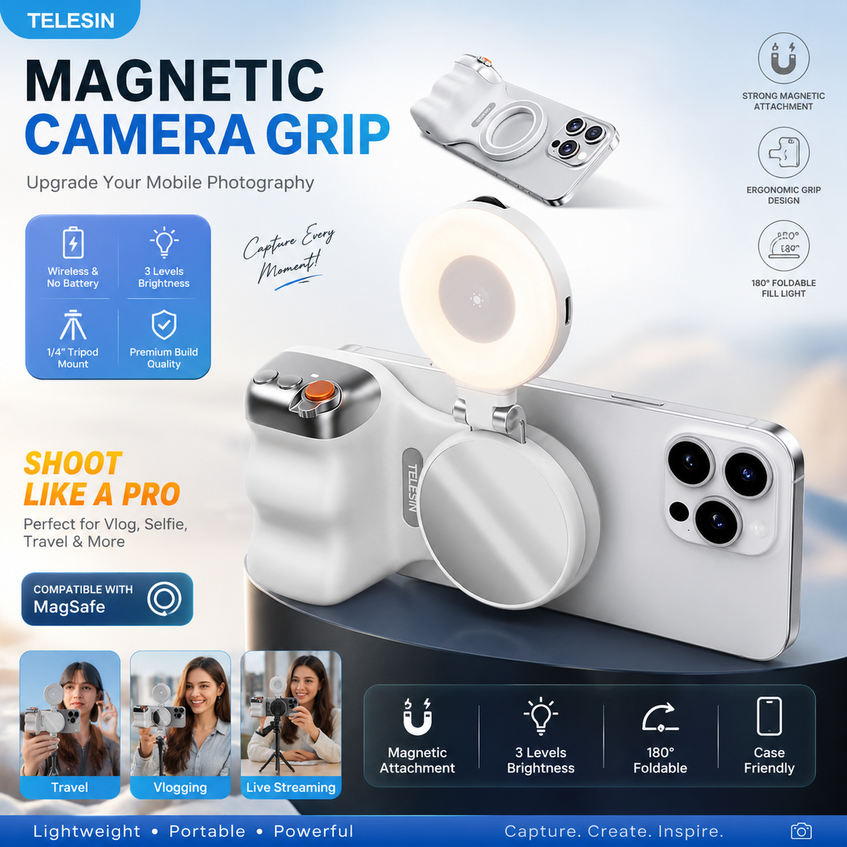 Telesin magnetic camera grip with smartphone attachment on a light blue background