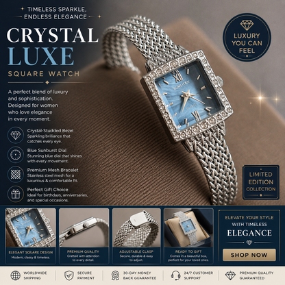 Square watch with crystal bezel and blue sunburst dial on brown fabric background